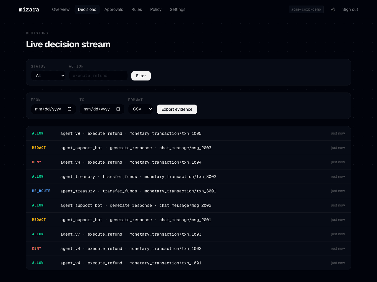 Mizara dashboard Decisions panel showing a live stream of signed receipts by status and Evidence Vault export controls
